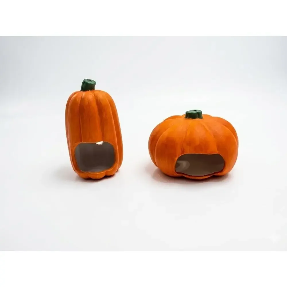 Vintage Pumpkin Figurine Set of 2 - 1990s Tall & Squat Jack-O-Lanterns Halloween